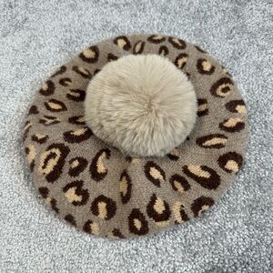 Norla Hat Beret Pom Pom Cheetah Leopard Wool Blend